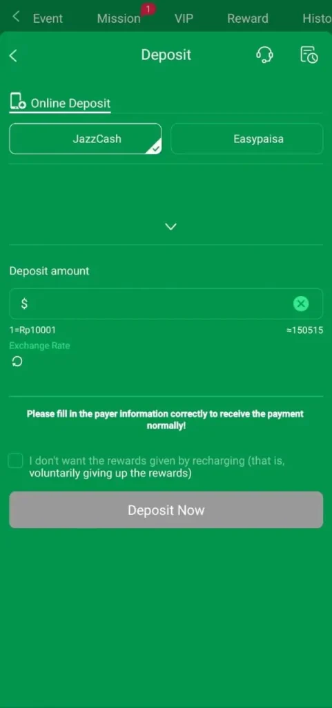 LLYY game Deposit Screenshot